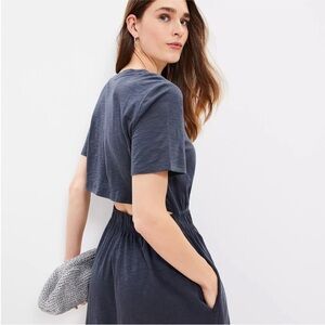 LOFT Dress Women’s Large PETITE Open Back Dark Grey Pockets 100% Cotton